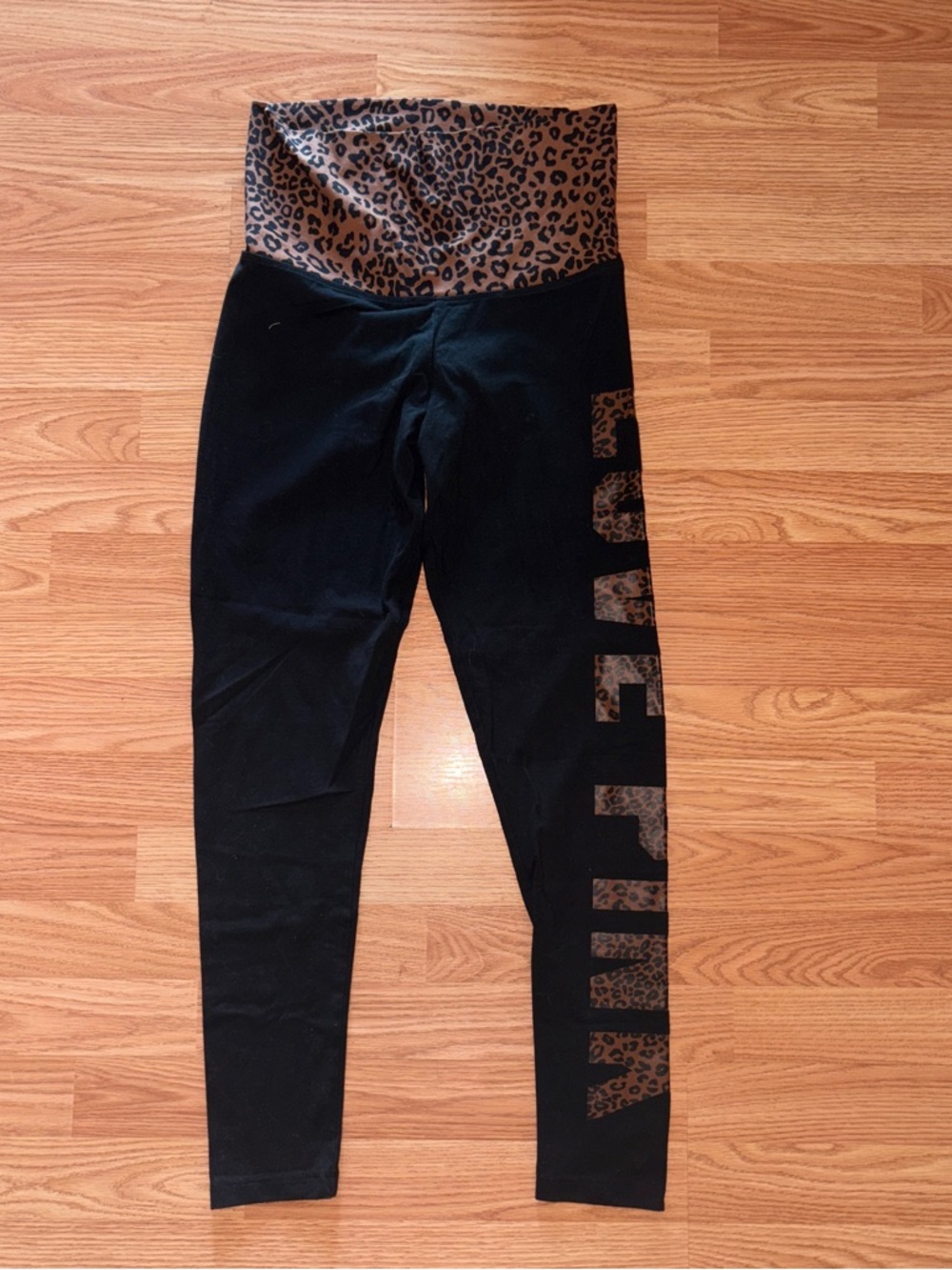 PINK Victoria's Secret Black Leggings with Leopard Fold-Over Waistband and Logo